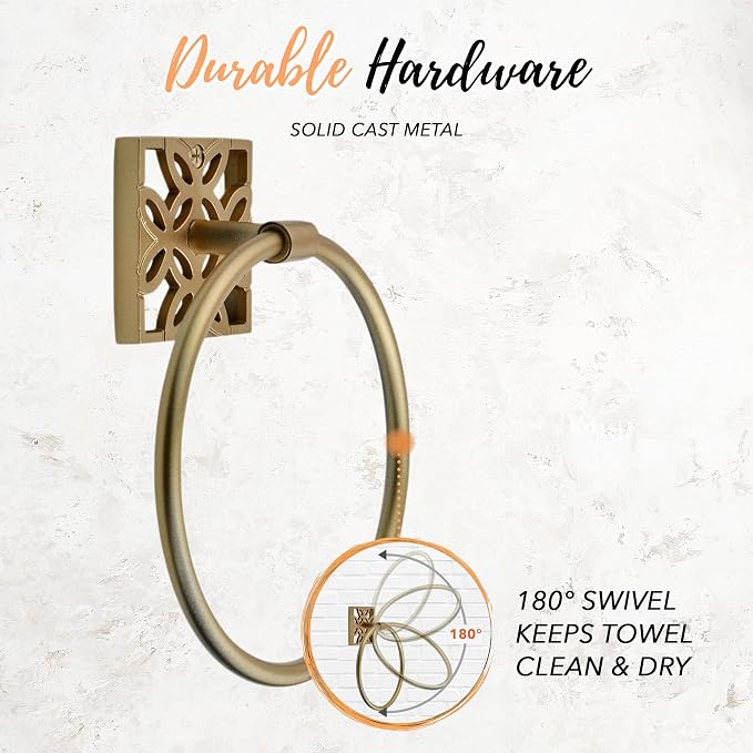 Autumn Alley 5-Piece Bathroom Hardware Set – Antique Gold (Muted, Brushed Finish – Not Shiny), Wall Mounted Towel Bar, Towel Ring, Toilet Paper Holder & Robe Hooks, Bathroom Accessories Set Complete