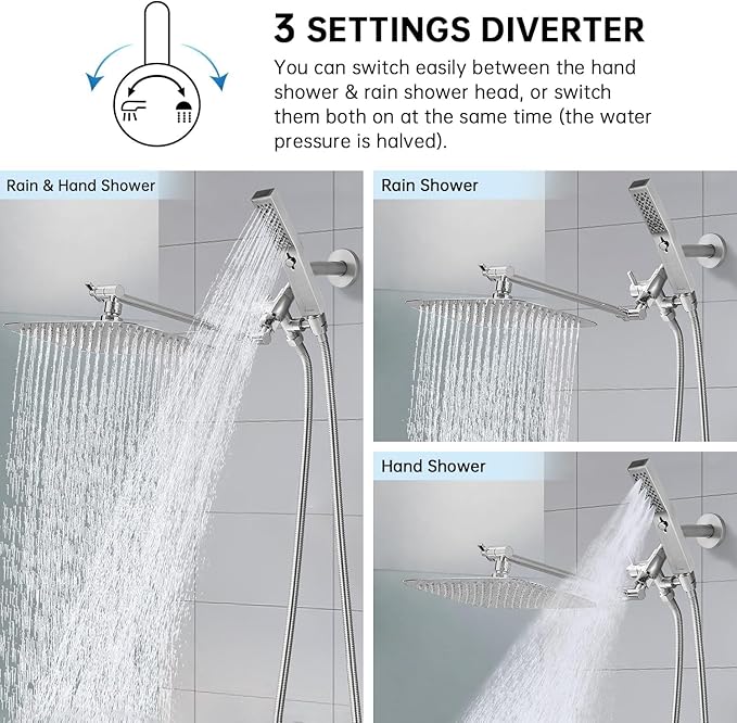 G-Promise All Metal 12" Rain Shower Head with Handheld for Bathroom Upgrade | All Metal, Built to Last, Easy Install, Adjustable Height & Angle for All Heights, Extra Long Hose, Modern Upgrade