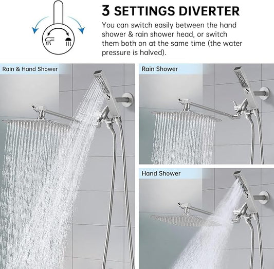 G-Promise All Metal 12" Rain Shower Head with Handheld for Bathroom Upgrade | All Metal, Built to Last, Easy Install, Adjustable Height & Angle for All Heights, Extra Long Hose, Modern Upgrade