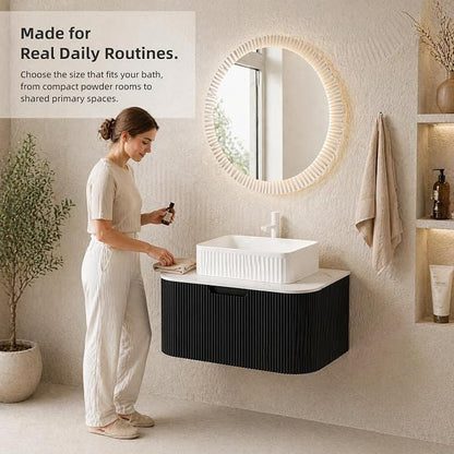 30 Inch Bathroom Vanity with Sink, Floating Wall Mounted Single Sink Vanity, Black Curved Fluted Front, Stone Top, White Textured Rectangular Vessel Basin, Pre-Assembled