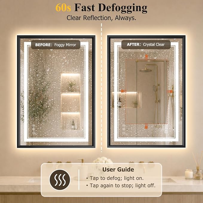 24"x36" LED Bathroom Mirror with Lights, Backlit + Front Lit, Anti-Fog | Lighted Bathroom Mirror with One-Piece Aluminum Alloy Frame, HD Shatterproof Tempered Glass, Dimmable, Memory Function