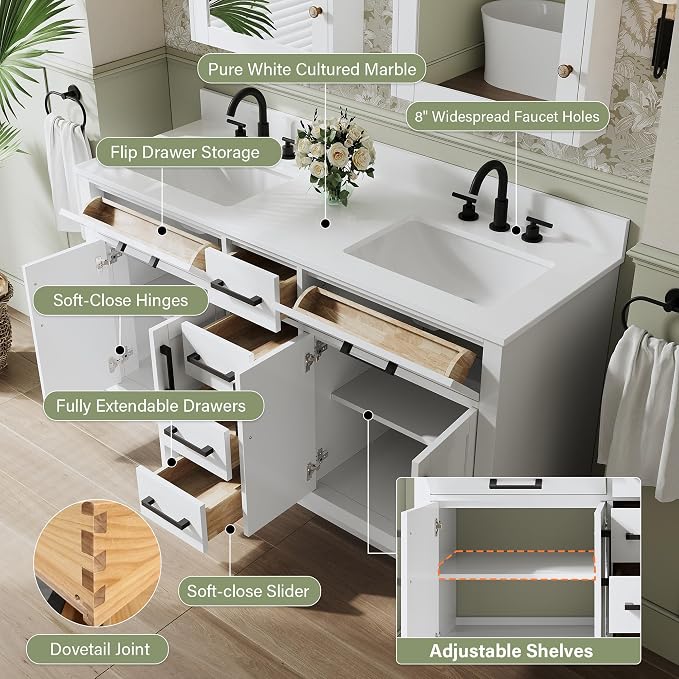 60-Inch Bathroom Vanity with Double Sinks W/ 4 Doors & 4 Drawers & 2 Flip Drawers, White Vanity W/Matte Black Handles