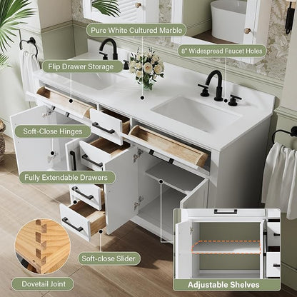 60-Inch Bathroom Vanity with Double Sinks W/ 4 Doors & 4 Drawers & 2 Flip Drawers, White Vanity W/Matte Black Handles