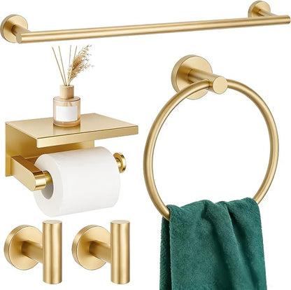 5 Pieces Bathroom Hardware Accessories Set Brushed Gold, 24Inch Bathroom Towel Rack Set SUS304 Stainless Steel, Round Toilet Paper Holder with Shelf Heavy Duty, Wall Mounted