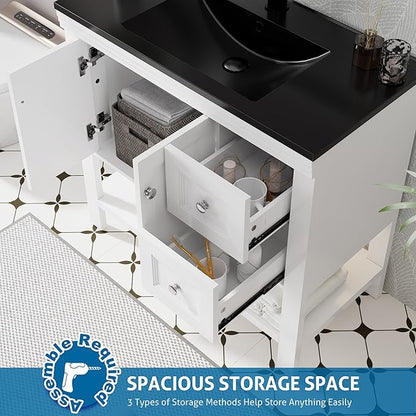 eclife 36" Bathroom Vanity with Sink Combo, Modern Painted Vanities Cabinet w/Wide Opening Storage Shelf, 2 Drawers, Soft Closing Doors and Undermount Black Sink Faucet Drain, White