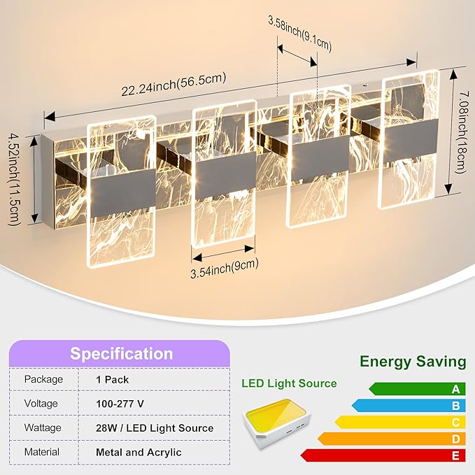 Modern LED Bathroom Light Fixtures Dimmable 4-Light Chrome Vanity Light, 5CCT Adjustable Lighting Fixture Vanity Lights Over Mirror, Smoked Acrylic LED Vanity Lights for Bathroom