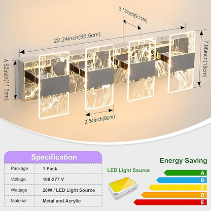 Modern LED Bathroom Light Fixtures Dimmable 4-Light Chrome Vanity Light, 5CCT Adjustable Lighting Fixture Vanity Lights Over Mirror, Smoked Acrylic LED Vanity Lights for Bathroom