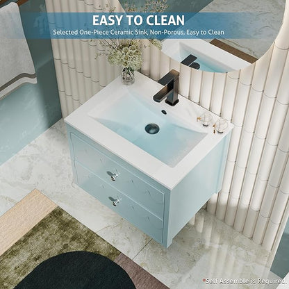 eclife 24" Floating Bathroom Vanity with Sink Combo, Modern Painted Wall-Mounted Vanities Storage Cabinet with Scalloped Decor, Undermount Basin, Faucet, Drain, Blue