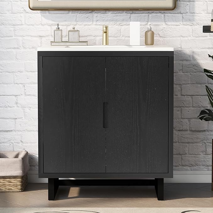 Favfurish 30" Bathroom Vanity with Resin Sink,Undermount Single Basin Bath Vanity Set w/2 Soft Closing Doors,Transitional Freestanding Storage Cabinet,Solid Wood Frame,Black