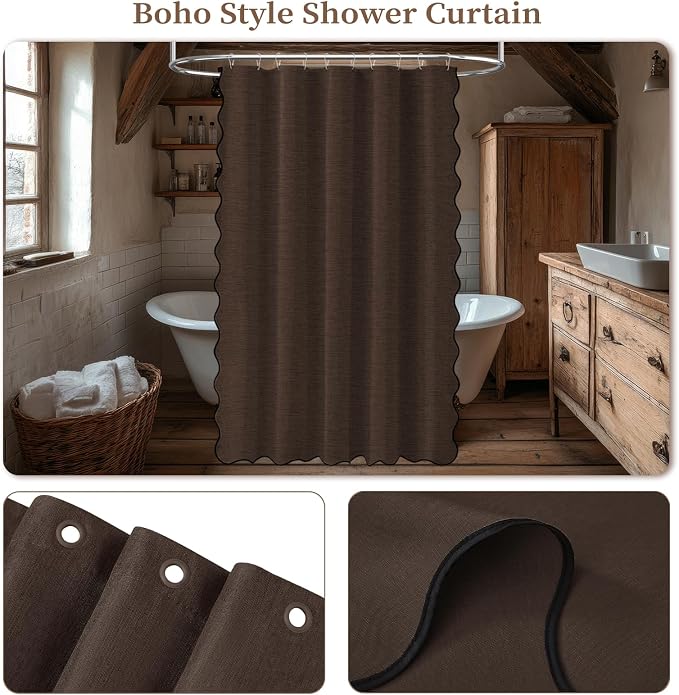 BTTN 60x72 Boho Scalloped Linen Textured Cloth Shower Curtain Set, Brown | Narrow Size, 230GSM Waterproof Polyester, Heavy Duty Fabric, 10 Plastic Hooks, Chic Modern Farmhouse Style, Machine Washable