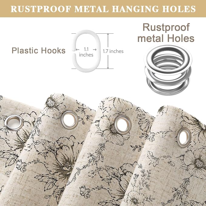 Floral Farmhouse Shower Curtain with Ruffle Hem for Bathroom | Vintage Classy Country Style, Rustic Natural Linen Blend Fabric, 72" x 72"