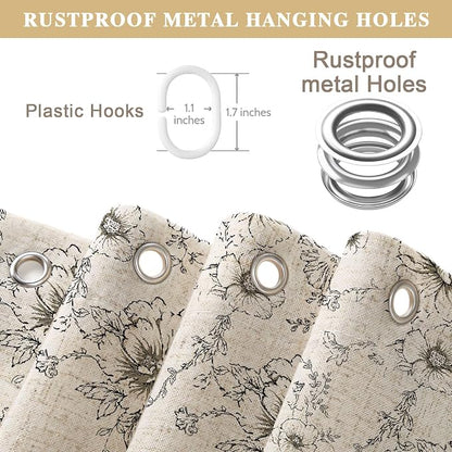 Floral Farmhouse Shower Curtain with Ruffle Hem for Bathroom | Vintage Classy Country Style, Rustic Natural Linen Blend Fabric, 72" x 72"