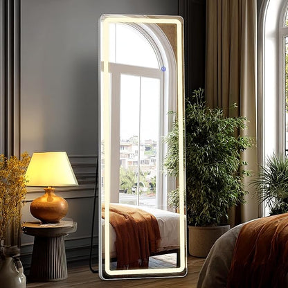 DUMOS LED Mirror Full Length with Stand, 16"x60" Full Body Wall Mirror | LED Lights 3 Color Lighting and Shatterproof Tempered Glass, Wall Hanging or Leaning, Floor Standing, Modern Home Decor