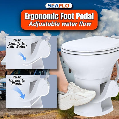 SEAFLO Ceramic Residential Height Camper/RV Toilet with Sprayer Attachment & Elongated Ceramic Bowl, 19” Standard Height, Gravity Flush System, Foot Pedal Operation, Soft Close Seat, 4-Year Warranty