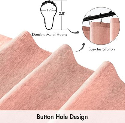ANRODUO Blush Pink Linen Textured Fabric Shower Curtain Set - W72xL84 | Farmhouse Shower Curtain with 12 Metal Hooks, Waterproof Heavy Duty, Button Hole Design, Machine Washable for Bathroom
