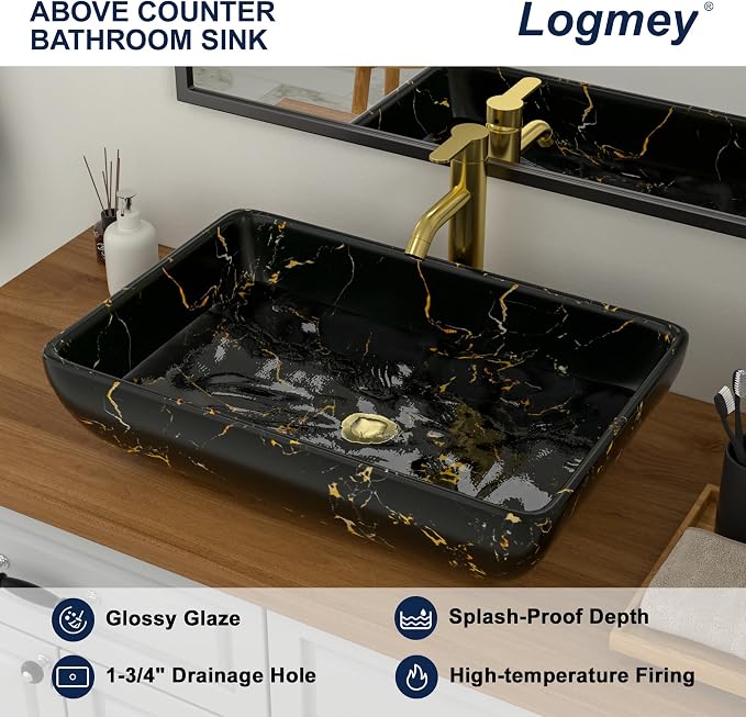 Logmey Rectangle Marble Black Vessel Sink | 23"x15" Ceramic Countertop Bathroom Sink Modern Black Yellow Marble Pattern Porcelain Vanity Sink Lavatory Art Basin