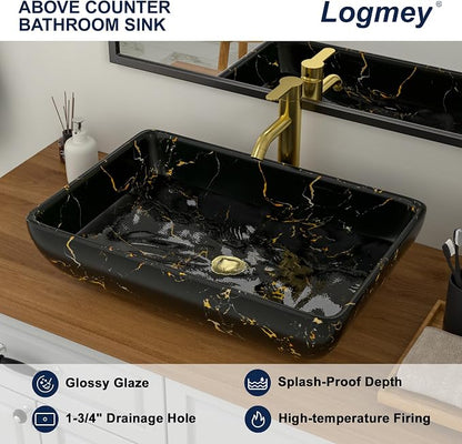 Logmey Rectangle Marble Black Vessel Sink | 23"x15" Ceramic Countertop Bathroom Sink Modern Black Yellow Marble Pattern Porcelain Vanity Sink Lavatory Art Basin