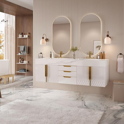 Bathroom Vanity with Sink, Modern Bathroom Vanity with Faux Marble Top, Gold Hardware & Soft-Close Drawers for Bathroom Storage (59.1 Inch, White, Double Sink & Floating)