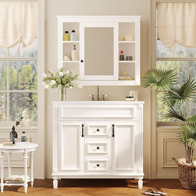 36" Bathroom Vanity with Top Sink, Mirror Cabinet, Modern Bathroom Storage Cabinet with 2 Soft Closing Doors and 2 Drawers, Single Sink Bathroom Vanity