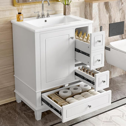 24" Vanity with Sink, Small Bathroom Vanities 24 Inch with Sink, Single Sink Bathroom Vanity with Door Shelf and Three Drawers, Restroom Vanity with Sink Top (White)