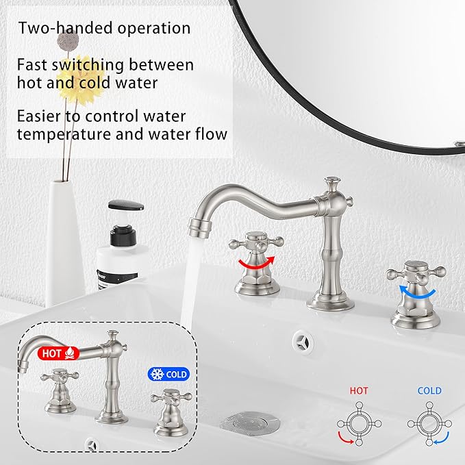 GGStudy Two Handles Three Holes Faucet 8-16 inch Widespread Bathroom Sink Faucet Brushed Nickel Basin Tap Mixer Faucet Matching Metal Pop Up Drain