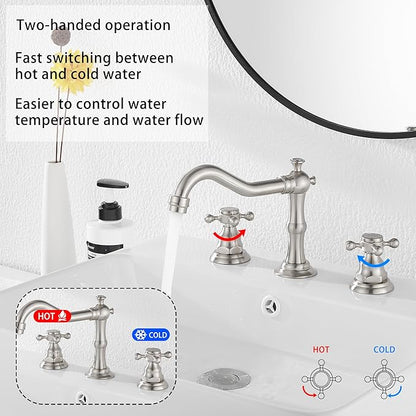 GGStudy Two Handles Three Holes Faucet 8-16 inch Widespread Bathroom Sink Faucet Brushed Nickel Basin Tap Mixer Faucet Matching Metal Pop Up Drain