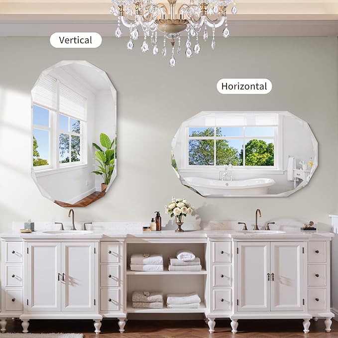 GLASHOM Frameless Oval Bathroom Mirror, 48x28 Inch Vanity Mirror for Over Sink with Beveled Edge, Decorative Wall Mirror for Bedroom, Living Room and Entryway, Hangs Horizontally or Vertically