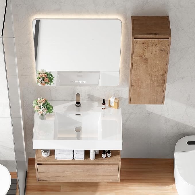30 Inch Floating Bathroom Vanity with Sink, Modern Wall-Mounted Bathroom Cabinet with Resin Sink & Soft Close Drawer, Split-Level Layout (Nature Oak, 30"+1 Side Cabinet)