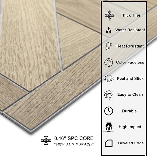 12-Pack Peel and Stick Floor Tile, 12" x 12" Pinwheel SPC Self-Adhesive Luxury Vinyl Flooring, Wood-Look Groutable Backsplash Tile for Kitchen Bathroom, Warm Oak, Covers 12 Sq. Ft.