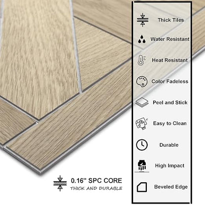 12-Pack Peel and Stick Floor Tile, 12" x 12" Pinwheel SPC Self-Adhesive Luxury Vinyl Flooring, Wood-Look Groutable Backsplash Tile for Kitchen Bathroom, Warm Oak, Covers 12 Sq. Ft.