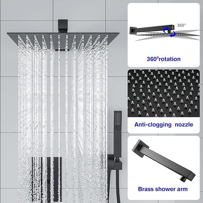 Lordear Rain Shower System 12 Inch Shower Head Faucet Set Matte Black Stainless Steel Square Wall Mounted Rainfall Shower Head with Handheld, Solid Brass Valve Included