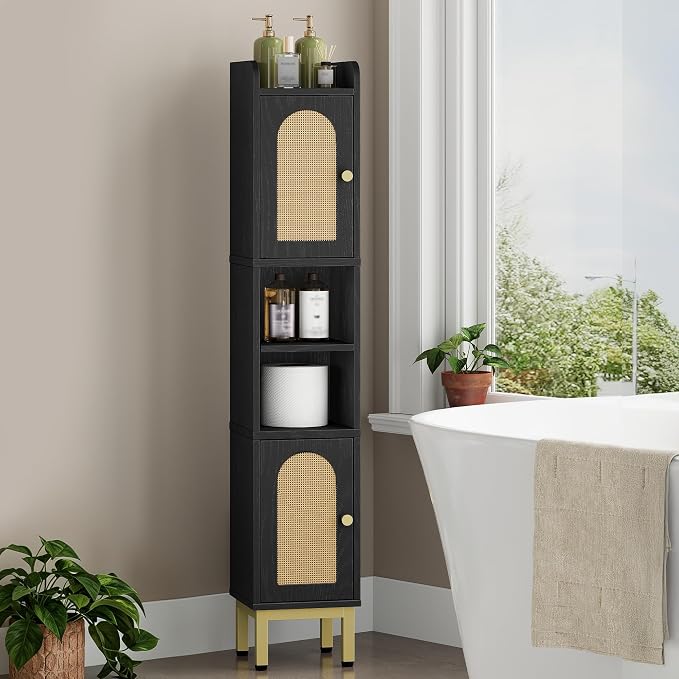 Hzuaneri Slim Bathroom Storage Cabinet, Narrow Bathroom Organizers,2 Doors | Narrow Bathroom Storage with 4 Adjustable Feet, Laundry Room Organization for Small Space,Kitchen,Rattan Black BC22404Y