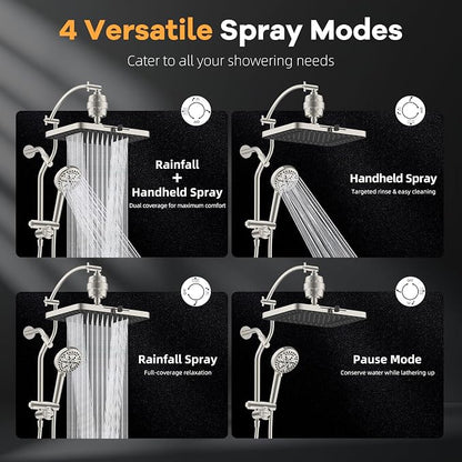 Hibbent Dual-Filtered 13" Shower & 10-Mode Handheld Combo, Brushed Nickel | High Pressure 5-Spray Showerhead, 4-way Diverter, Heightened All Metal Extension Arm, 3 Filter Cartridges, Easy Reach