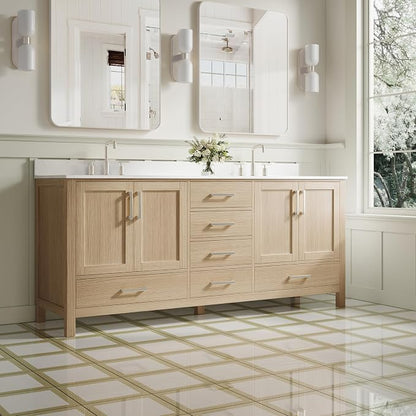 80-Inch Bathroom Vanity with Sink, 4 Soft-Close Doors and 6 Soft-Close Drawers, Bathroom Freestanding Vanity with Cultured Marble Countertop, Oak Vanity with Brushed Nickel Handles