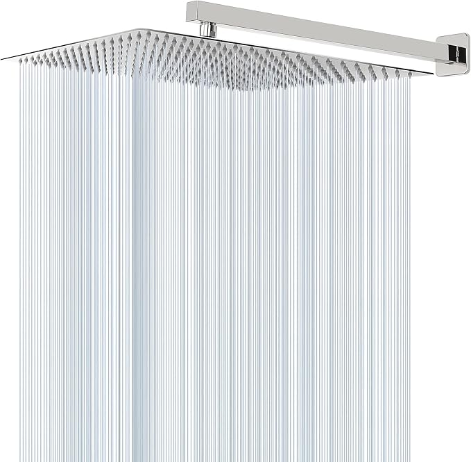Shower Head with Extension Arm, High Pressure Square with ShowerArm, Stainless Steel Rainfall-Waterfall Full Body Coverage (16'' Shower with 20'' Arm, Chrome)