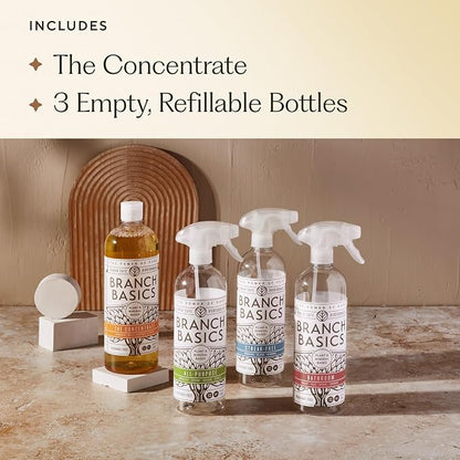 Branch Basics Cleaning Essentials Kit: All Purpose, Glass, Bathroom Cleaner | Plant-Based, Human-Safe, Fragrance-Free. Comes with Concentrate (33.8 oz) + Refillable Plastic Bottles (24 oz). 17 Refills