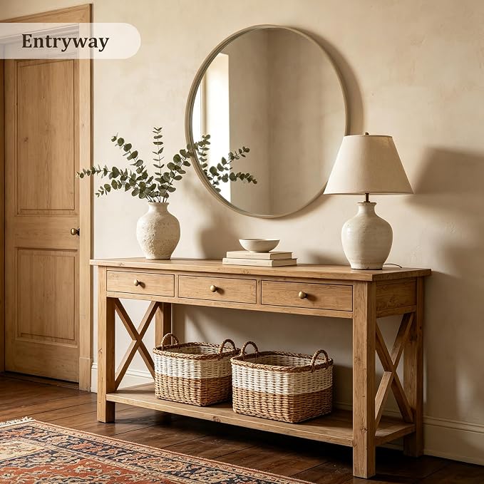 Round Wood Mirror, 40" Round Modern Decoration Large Circle Wall Mirror for Bathroom Living Room Bedroom Entryway, Natural