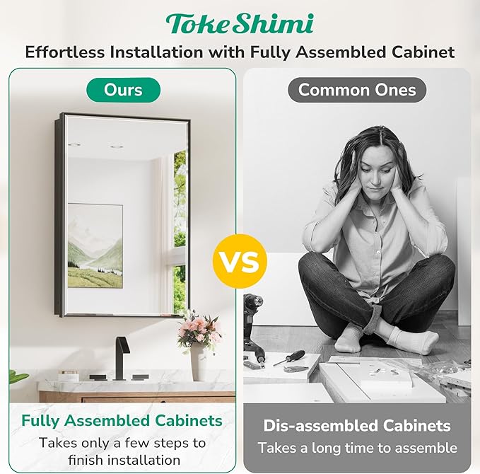 TokeShimi 36x24 Recessed Medicine Cabinet with Mirror Black, Beveled Bathroom Mirror with Storage Aluminum, Surface Mounted Metal Medicine Cabinets for Bathroom Vanity Wall