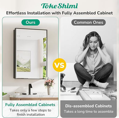 TokeShimi 16x24 Recessed Medicine Cabinet with Mirror Surface Mounted, Metal Beveled Mirror with Storage for Bathroom Vanity, Aluminum Black Medicine Cabinet Mirrored