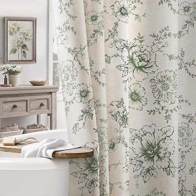 Farmhouse Floral Cotton Shower Curtain, Vintage Green Pattern Rustic Shower Curtains for Bathroom, 72x72