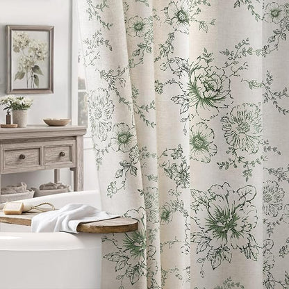 Farmhouse Floral Cotton Shower Curtain, Vintage Green Pattern Rustic Shower Curtains for Bathroom, 72x72