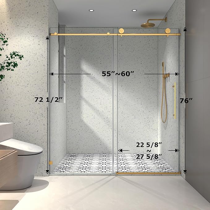 Single Sliding Shower Door,55"-60" W x 76" H Frameless Shower Door with 5/16" (8mm) Thick SGCC Tempered Glass W/Adjustable Soft Closing,Bathroom Glass Door for Spa（Brushed Gold）