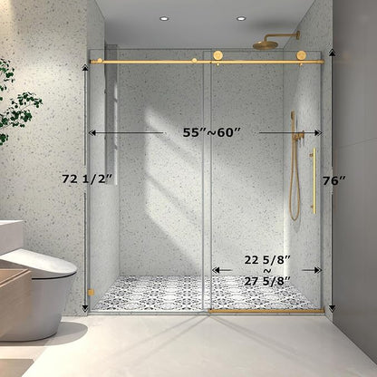Single Sliding Shower Door,55"-60" W x 76" H Frameless Shower Door with 5/16" (8mm) Thick SGCC Tempered Glass W/Adjustable Soft Closing,Bathroom Glass Door for Spa（Brushed Gold）