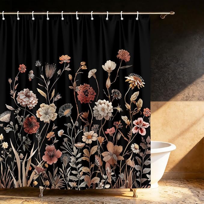 Vintage Boho Black Floral Shower Curtain, Beige Brown Cream Tan Rustic Farmhouse Flower Shower Curtain Set, Cute Botanical Wlidflowers Fabric Shower Curtains Decoration, 60X72 Bathroom Accessories