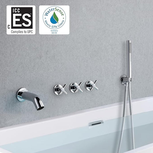 sumerain Wall Mount Tub Filler Waterfall Tub Faucet with Handheld Shower, Chrome Finish