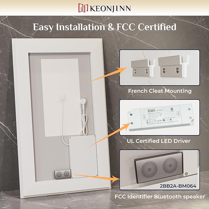Keonjinn 55 x 36 Inch LED Bathroom Mirror with Lights, Bluetooth Speaker | Frontlit & Backlit Bluetooth Mirror Bathroom, 3000K/4500K/6000K, HD Tempered Glass, Dimmable, Fast & Safe Defogging, CRI90+