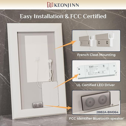 Keonjinn 32 x 36 Inch LED Bathroom Mirror with Lights, Frontlit & Backlit | Bluetooth Speaker, Bluetooth Mirror Bathroom, Stepless Dimmable 3-Color Lights, Tempered Glass, Fast & Safe Defogging, CRI90+