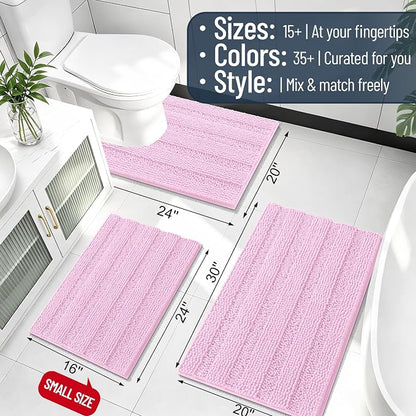 Smiry Thick Chenille Bathroom Rugs 30x20, Soft Absorbent Bath Mat, Pink | Quick‑Dry & Machine Washable, Non‑Slip Bath Carpet, Striped Bath Rugs for Tub & Shower, Modern Home Decor Accessories