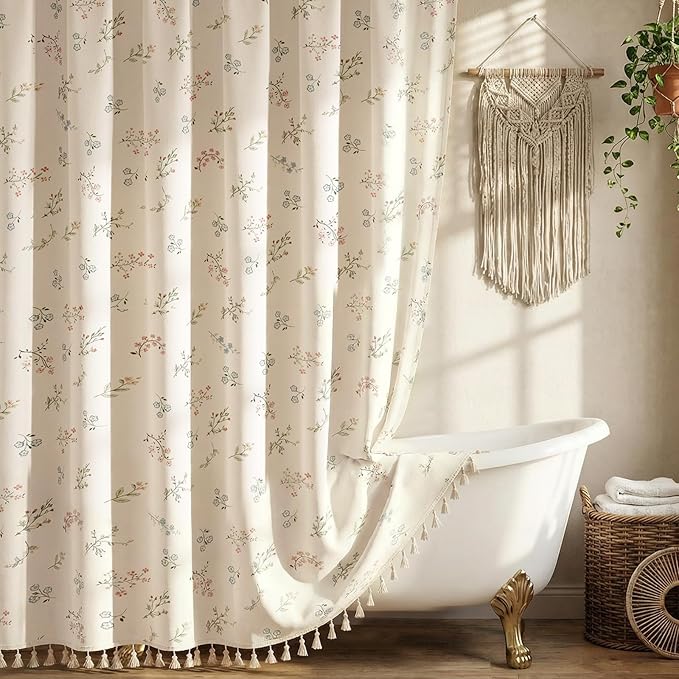 Farmhouse Floral Shower Curtain with 12 Clear Rings 72" W x 84" L | Boho Fabric Faux Linen Shower Curtain Set, Vintage Cottagecore Shower Curtain for Bathroom