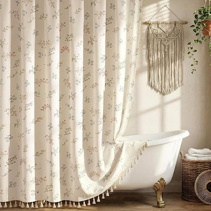 Farmhouse Floral Shower Curtain with 12 Clear Rings 72" W x 84" L | Boho Fabric Faux Linen Shower Curtain Set, Vintage Cottagecore Shower Curtain for Bathroom